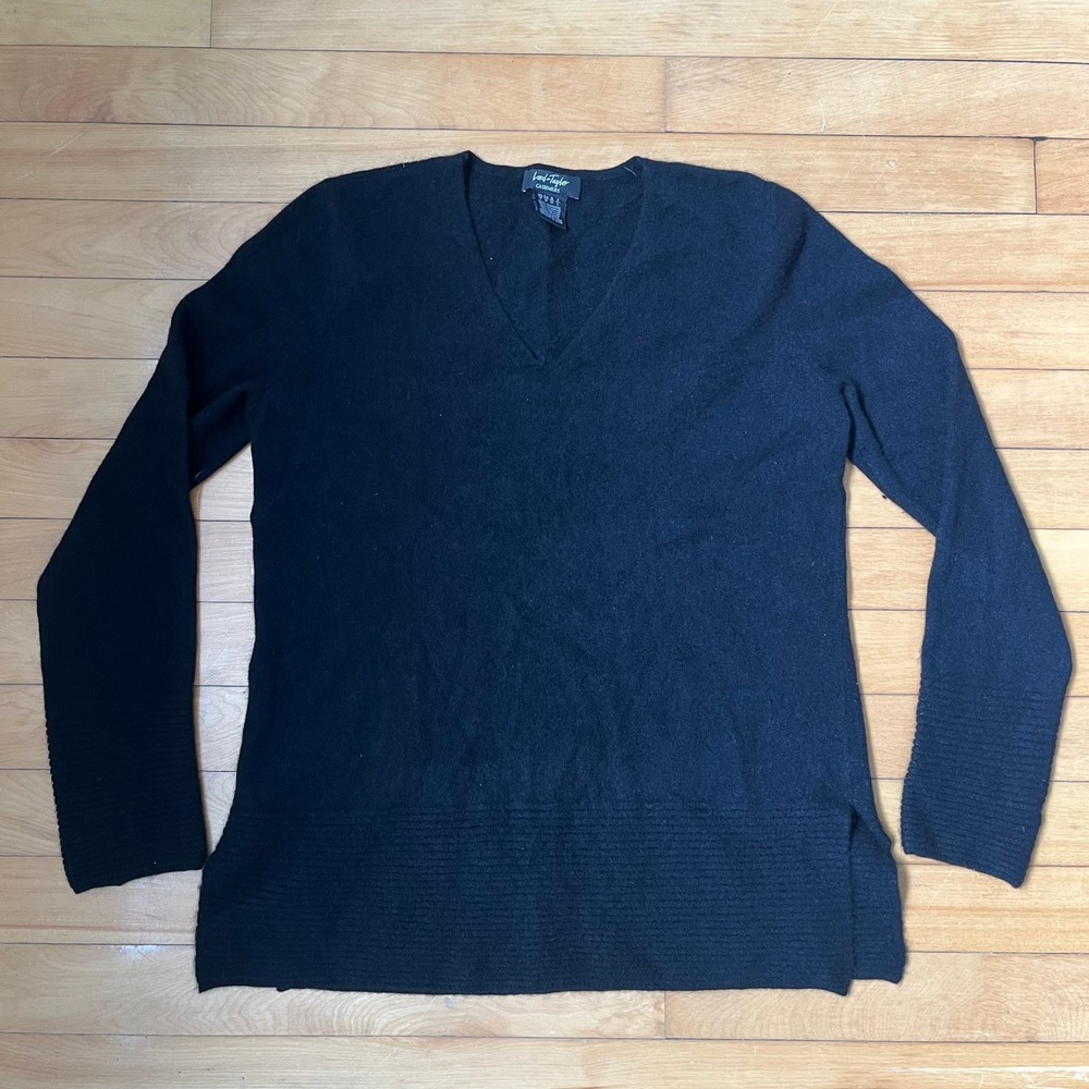 Lord & Taylor Cashmere Sweater Womens Medium Black V-Neck Ribbed Trim Side Slit